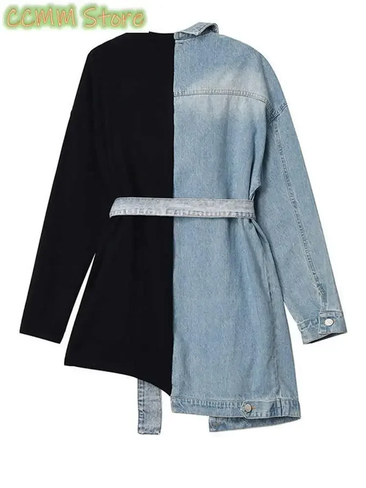 Loose Fit Denim Split Bandage Sweatshirt New Round Neck Long Sleeve Women Big Size Fashion Tide Spring Autumn