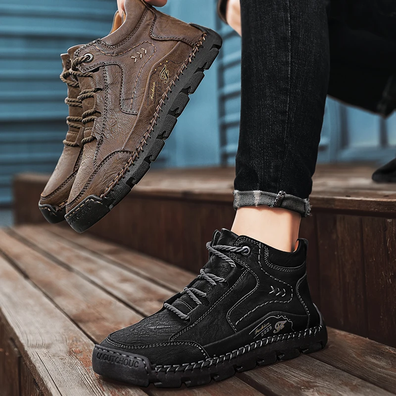 New Autumn Winter Men's High Top Casual Shoes Fleece Lined Warm Leather Boots Hand Stitched Large Size Work Boots