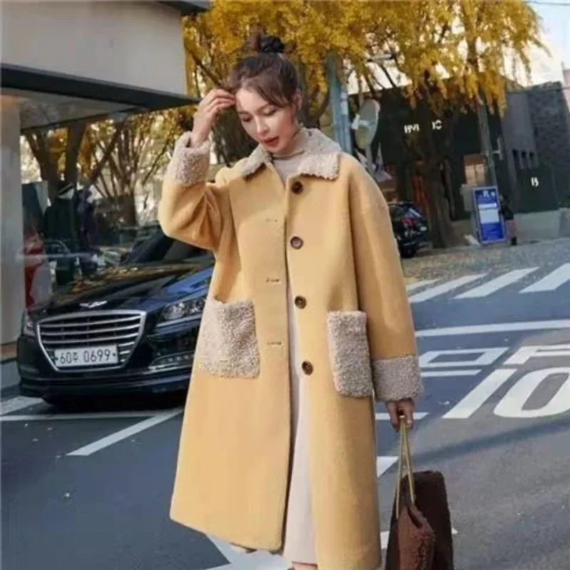 Winter New Faux Lamb Coat Loose Thickened Mid Long Padded Jacket Women Trench Coat High Quality Clothing Spliced Single Breasted