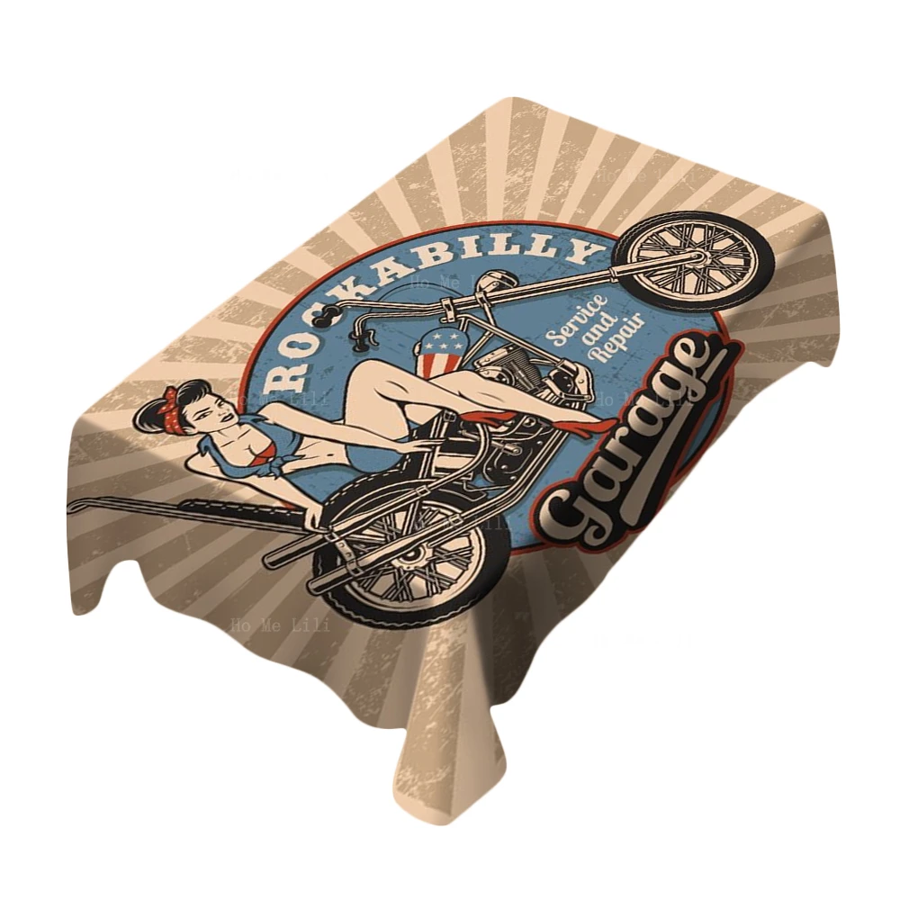 Vintage Motorbike Logo Pin Up Girls Motor On Route 66 Dirt-proof Rectangular Tablecloth By Ho Me Lili For Tabletop Decor