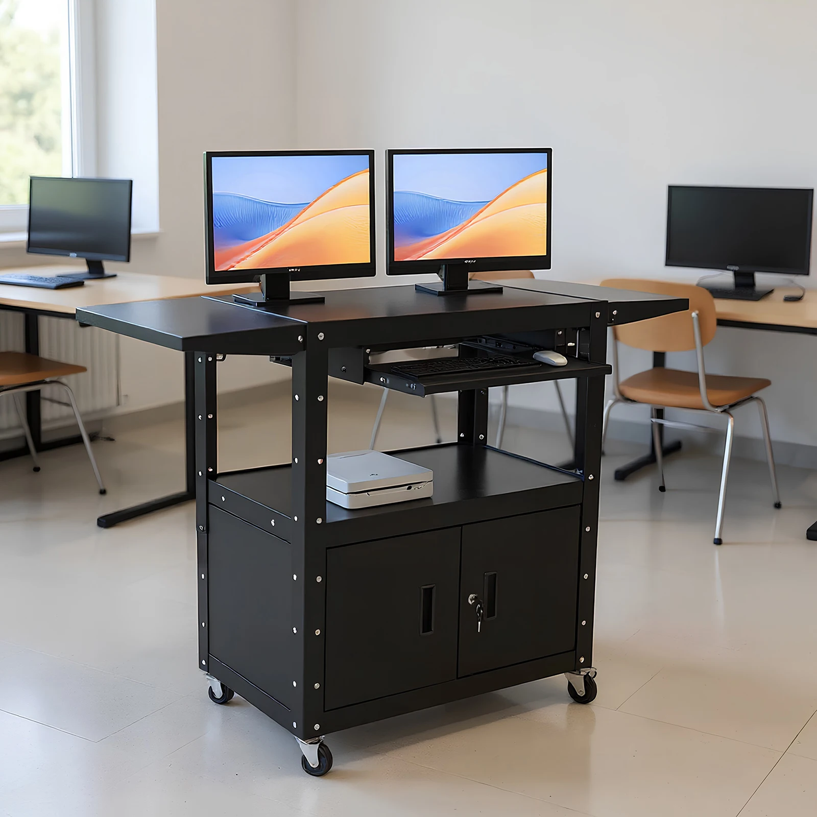 Large Steel AV Cart With Locking Cabinet and Pullout Keyboard Tray, Adjustable-Height Rolling Media Cart With Wheels & Power