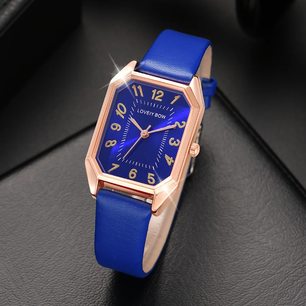 6PCS/Set Blue Women Watch Fashionable Rectangular Dial Quartz Wristwatch PU Leather Strap Watch Square Jewelry Set Gift For Mom