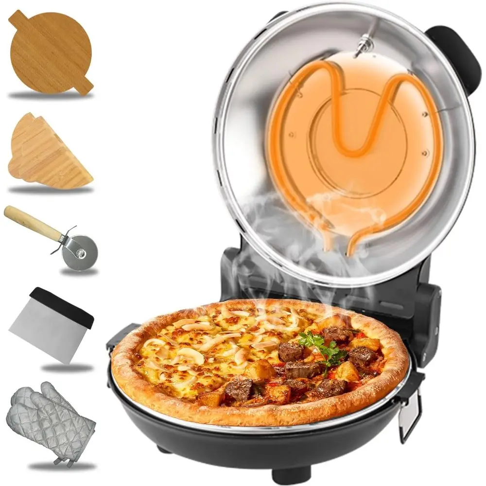 

12 Inch Vintage-Style Indoor Electric Pizza Oven with 800°F Heating, 1200W Power, Glazed Ceramic Stone, and Dual-Button Temperat