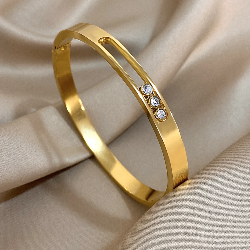 Pulseras abiertas de cristal con incrustaciones huecas chapadas en oro para mujer, brazalete minimalista de acero inoxidable, brazalete fino elegante, joyería