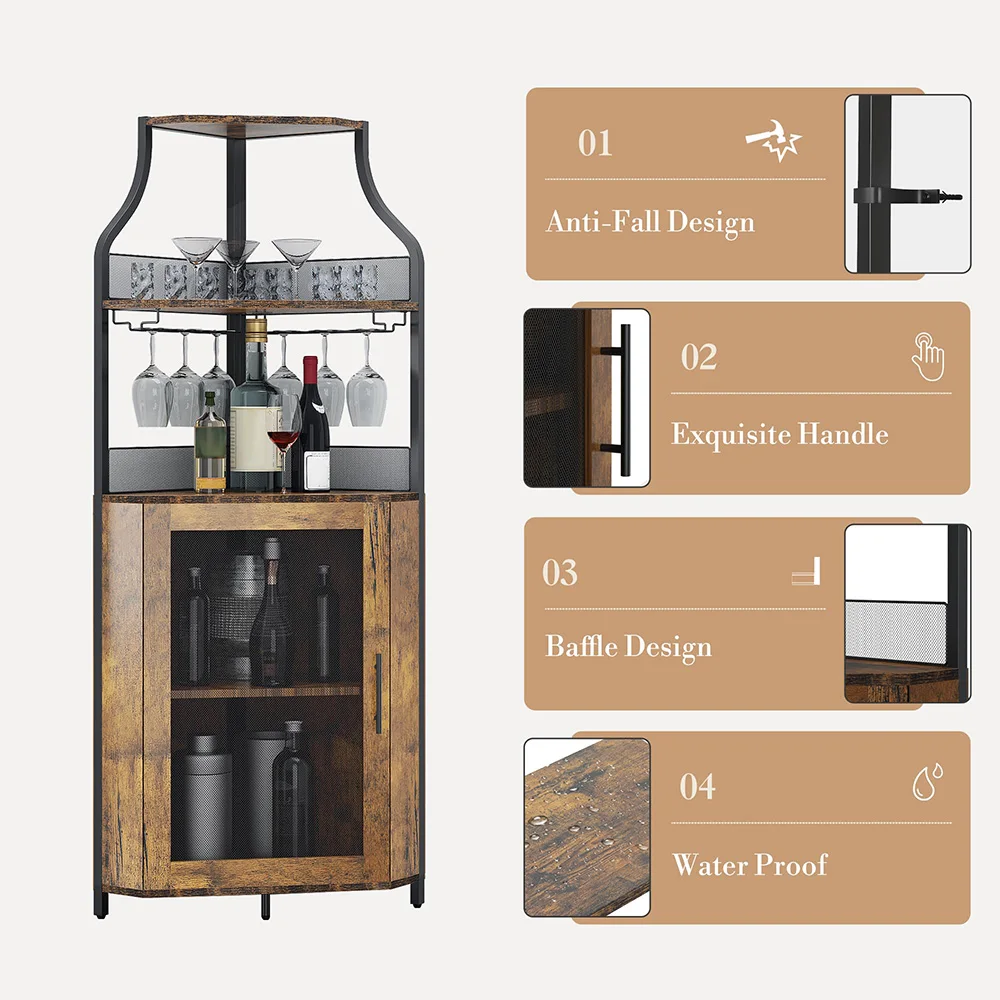 Eck-Weinbar-Schrank mit abnehmbarem Weinregal und Glashalter, kleines Sideboard, Buffetschrank mit Tür für die Küche zu Hause, in der Bar – Detail 6