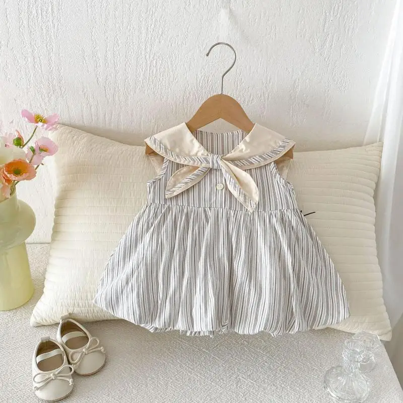 

2026 Summer New Girls Preppy Style Striped Vest Dress Cotton Baby Girl Sailor Collar Sleeveless Dress Infant Toddler Clothes