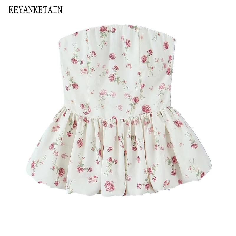 KEYANKETIAN Summer New Women's Flower Print Slash neck Strapless Corset Holiday wind Back Zipper Backless Slim Camisole Crop Top