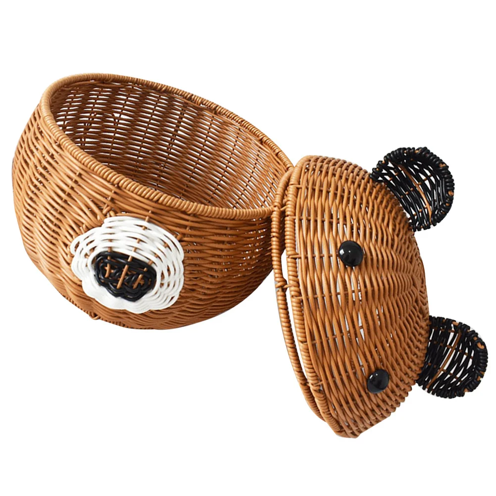 

Bear Shaped Lidded Storage Basket Cartoon Design Imitation Rattan Woven Fruit Snack Basket for Home Office Desktop Organization