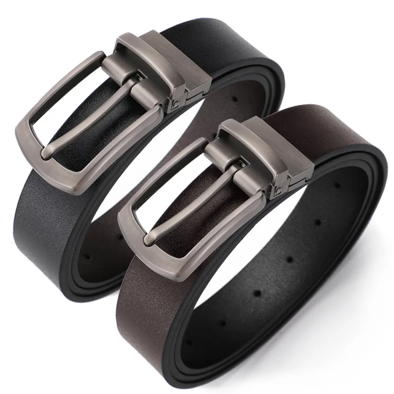 Men's Genuine Cowhide Leather Belt with Rotatable Pin Buckle, High-End Casual Waist Belt