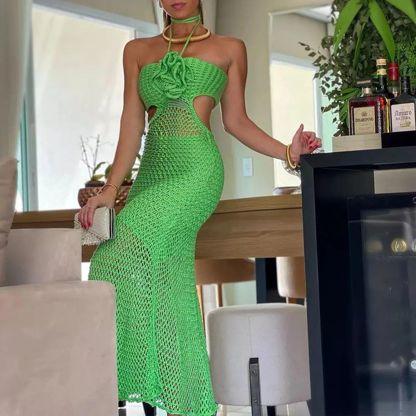 女性用 ニット ホルター ドレス スリム フィット 中空カットアウト ノースリーブ シースルー 3D フラワー ソリッドカラー ロングドレス パーティー クラブ用