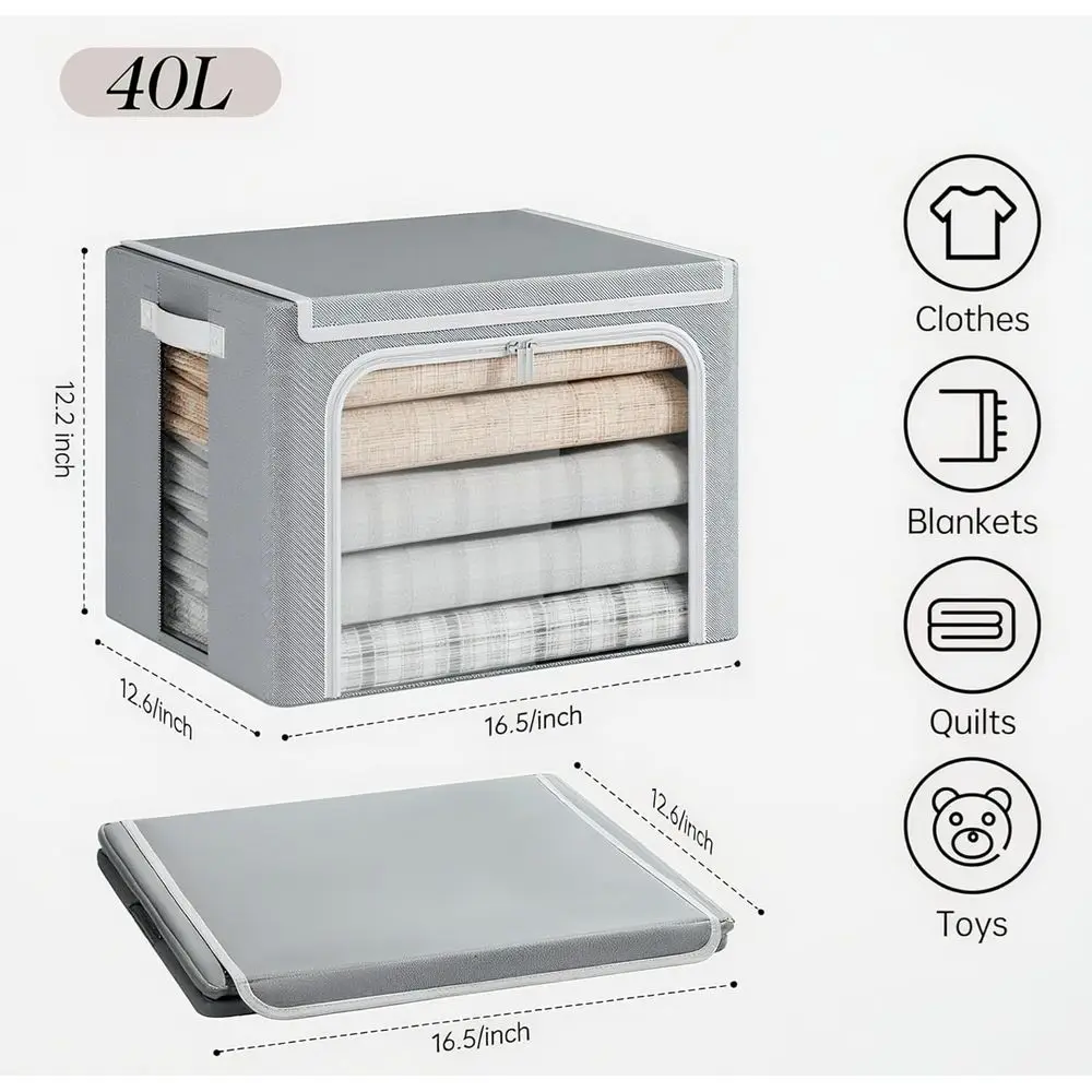 صناديق تخزين قابلة للطي بإطار معدني سعة 40 لترًا مع غطاء، منظمات ملابس بسحاب قابلة للتكديس، صناديق قماش أكسفورد مع رؤية واضحة وLea #5