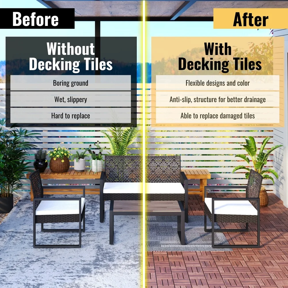 10PCS Acacia Wood Interlocking Deck Tiles Waterproof Outdoor Flooring Non-Slip Drainage Easy Installation Balcony Pool Garden