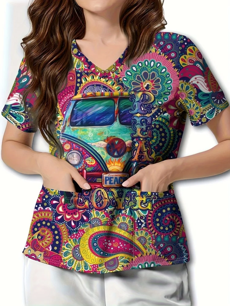 Uniforms Women Medical Fashion Floral Print V-Neck Obstetrics Nursing Tops Short Sleeves with Pockets Clinical Uniforms Woman