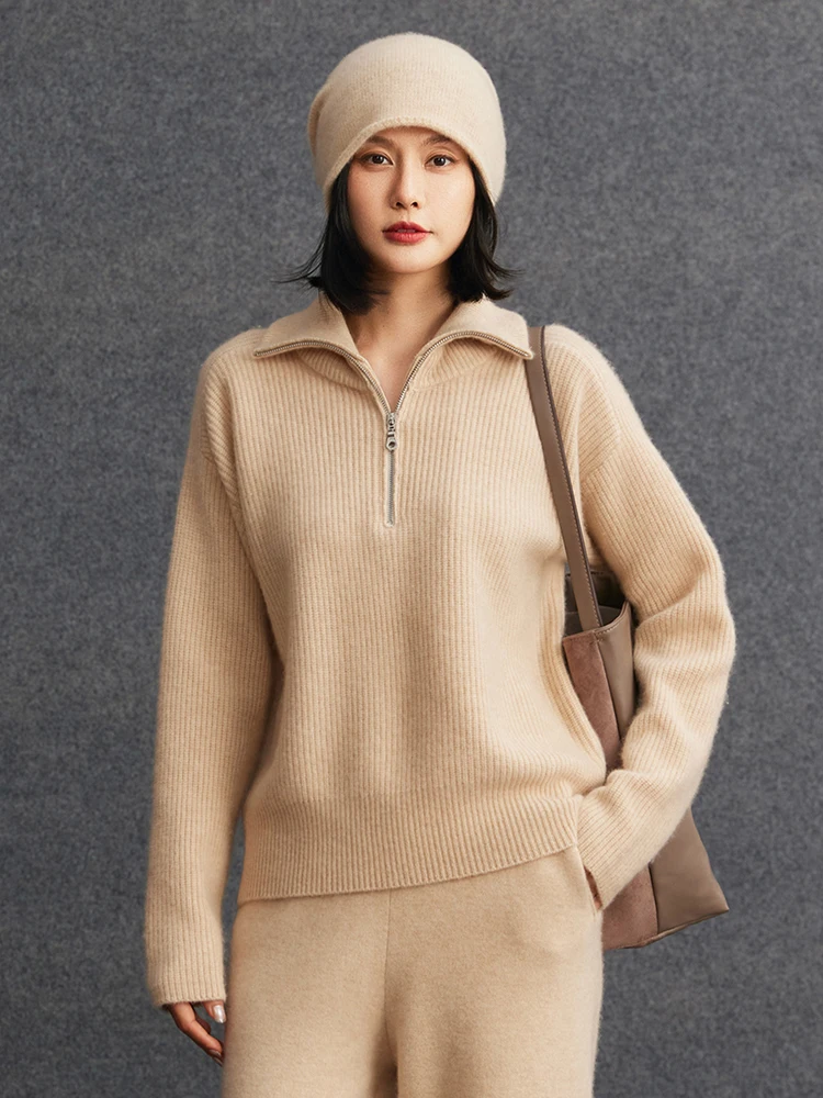 レディース 100% カシミヤ セーター ハーフジッパー セーター ターンダウンカラー 厚手 プルオーバー プレッピースタイル 高級 秋冬 ルーズトップ