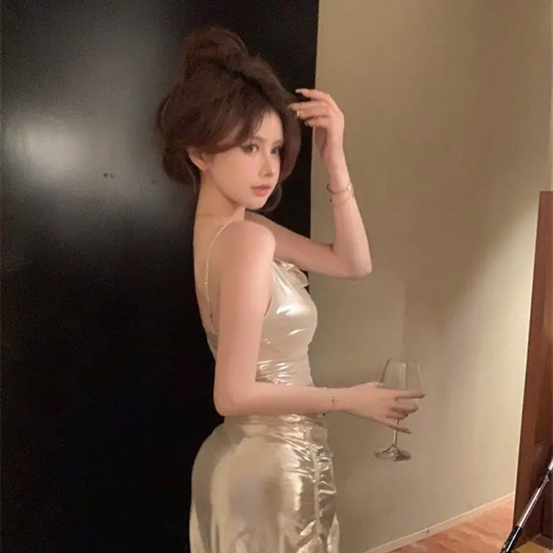 2026 new Elegant Shiny Halter Neck Ruched Mini Dress Women's Vintage Style Bodycon Skirt Short Skirt New Summer Fashion