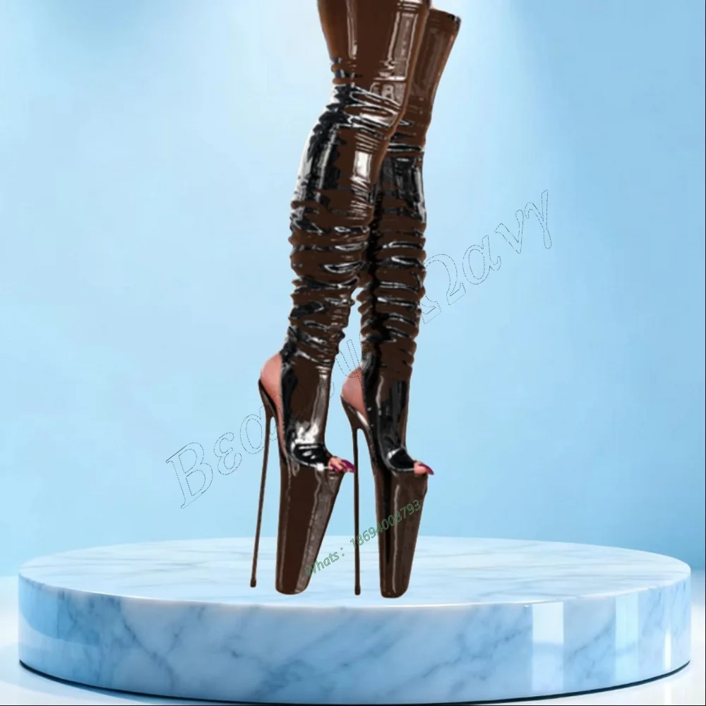 

Black Cut Back Patent Leather Stretchy Boots Platform Thigh High Spike High Heel Shoes Sexy Women Shoes New Zapatos Para Mujere