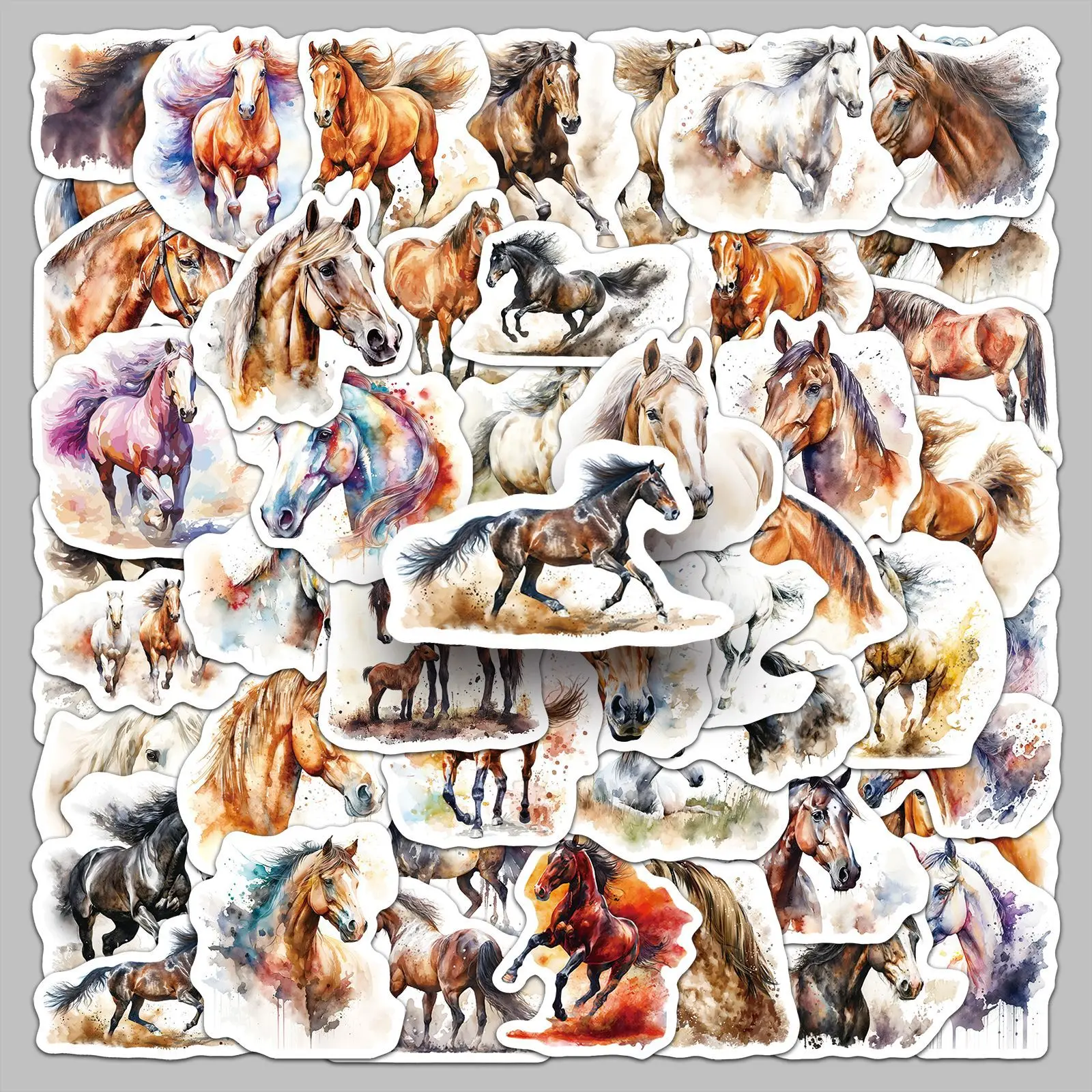 Autocollant cheval créatif aquarelle, 50 pièces, Animal de dessin animé peint, Graffiti, matériel pour manuel, autocollant d'ordinateur, nouveauté 2025