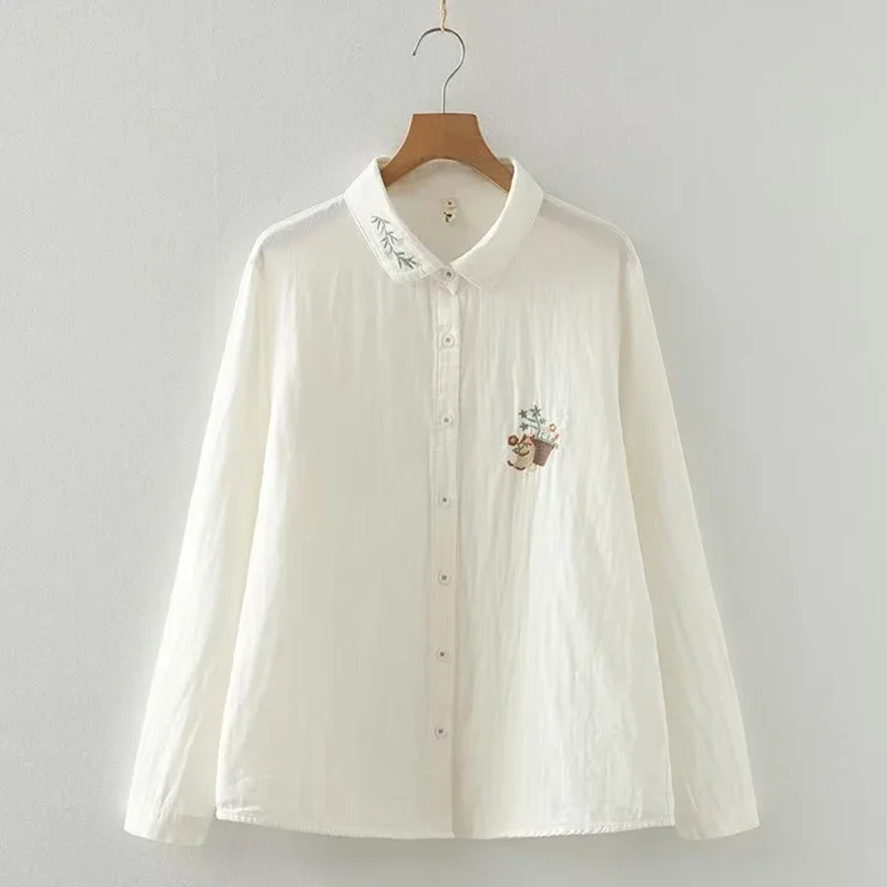 Spring Autumn Cartoon Bear Basket Embroidered Cotton Shirt Women White Color Base Long Sleeve Turn Down Collar Blouse Blusa