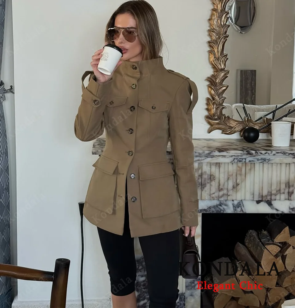 KONDALA الخريف المرأة أنيقة الحضرية سترة واقية معطف أزرار جيوب الخصر النحيف معطف 2025 خريف شتاء موضة تخفيف معطف للسيدات #2