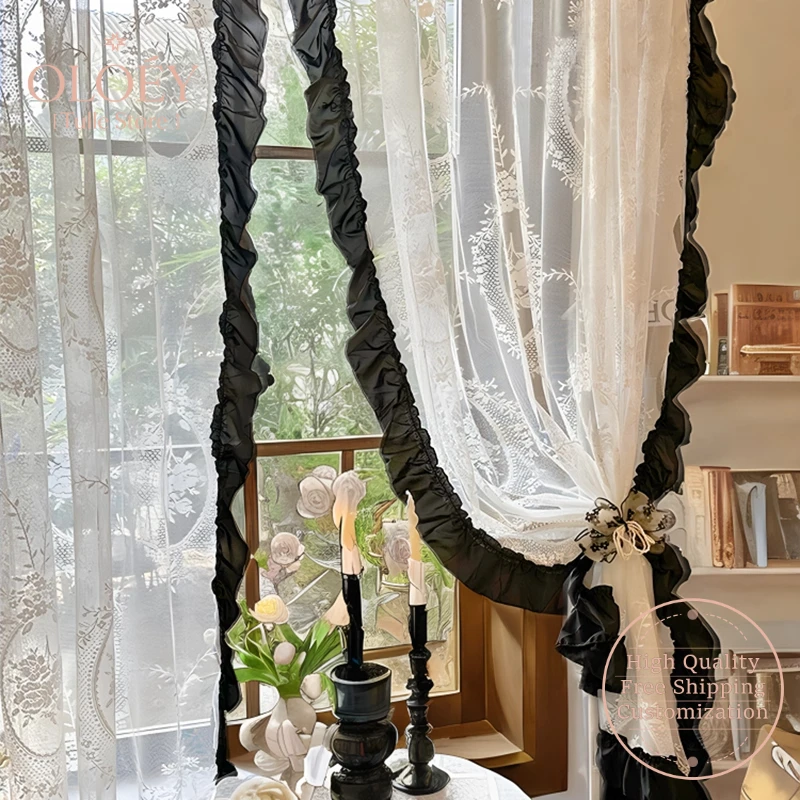 

Cream French Vintage Lace Curtains for Balcony Living Room Sheer Semi Transparent Black White Ruffled Dressing Room Partition