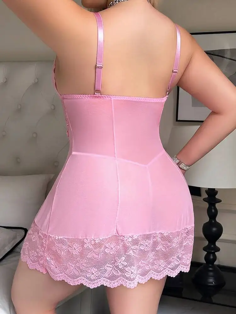 Abito sexy con giunture in rete con bordi in pizzo Stampa floreale Bowknot Backless Bretelle a V profonde Abito senza maniche Puro desiderio Affascinante C5XW