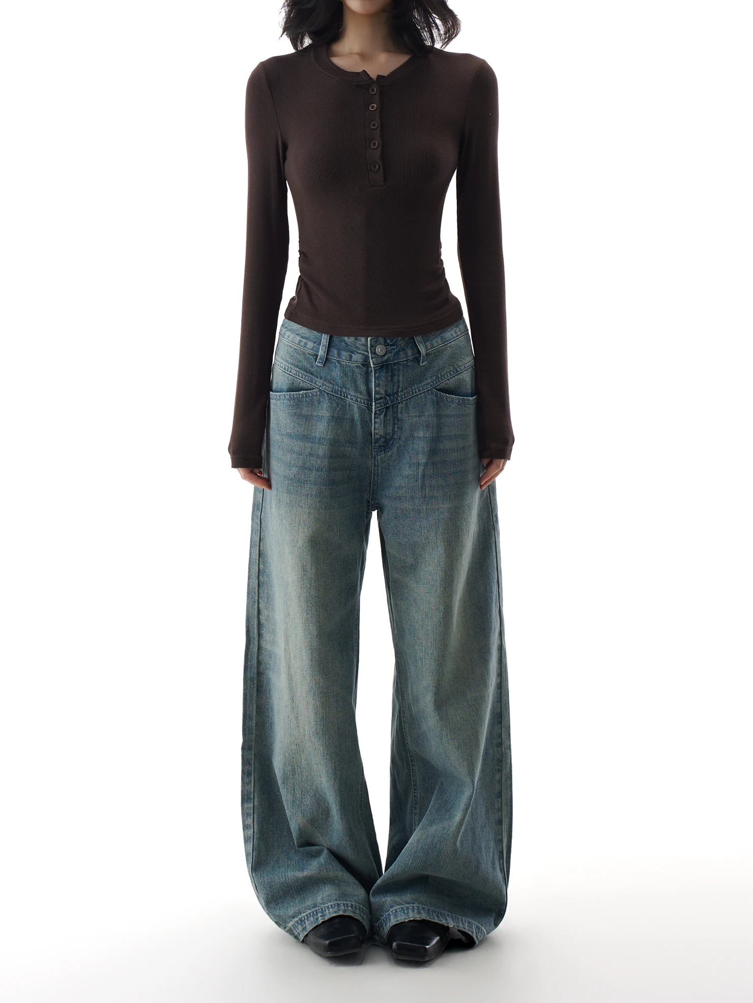 

Женские джинсы из синего денима в стиле ретро, весна 2026, новинка, широкие прямые штанины, дизайн в стиле пэчворк, повседневные, из хлопка