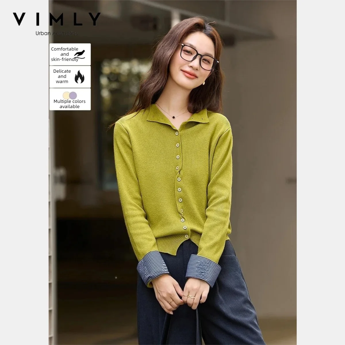 

VIMLY Women's Semi Turtleneck Knitted Cardigan 2025 Autumn Contrast Plaid Cuffs Knot Front Sweaters Fashion Daily Wear Top 30370