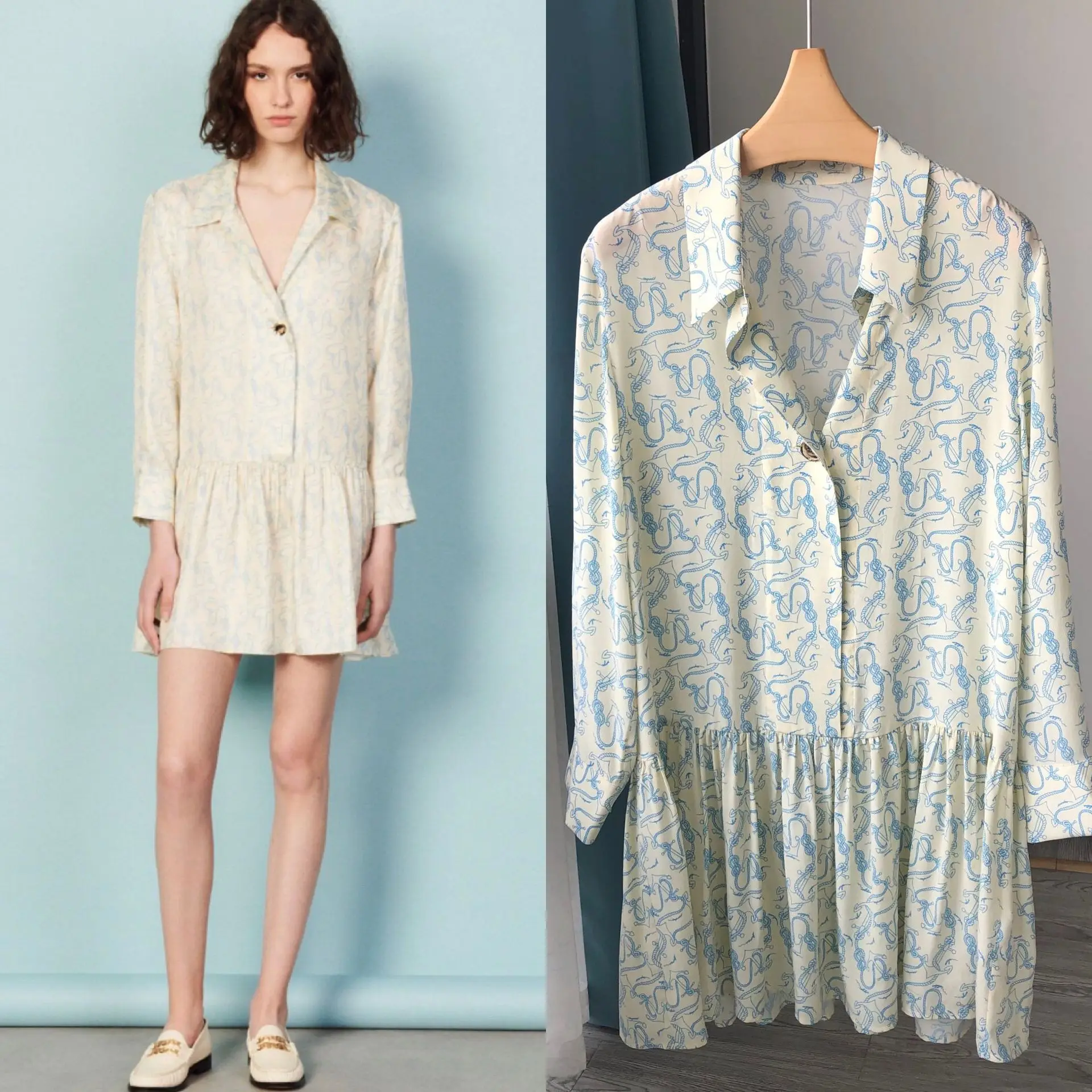 

Women's Dress 2024 New Spring Summer Printed Turn Down Collar Slim Waist Casual Long Sleeve Robes