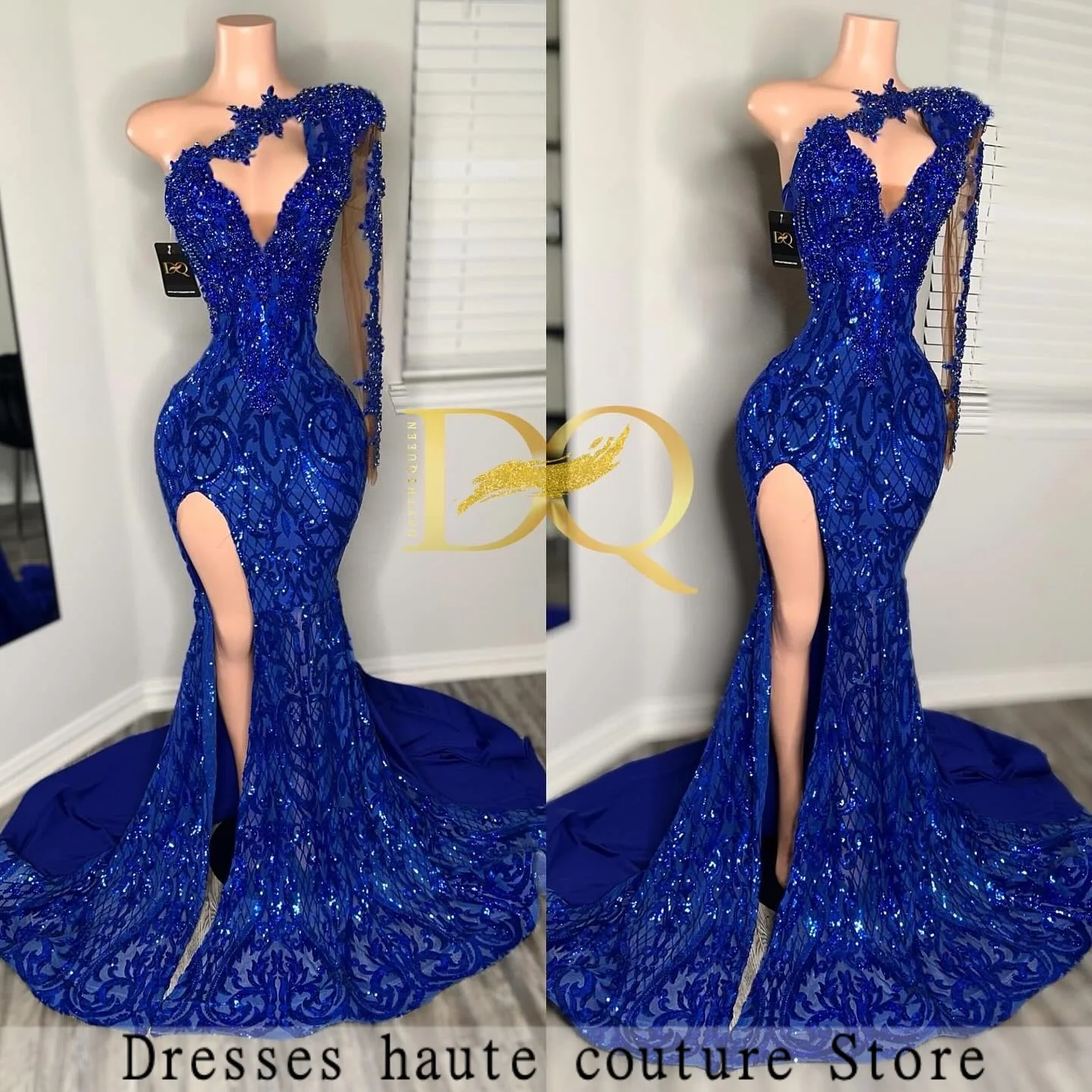 

Sparkly Roya Blue One Shoulder Prom Dresses 2026 For Black Girls Side Slit Mermaid Appliques Formal Party Gowns Customized