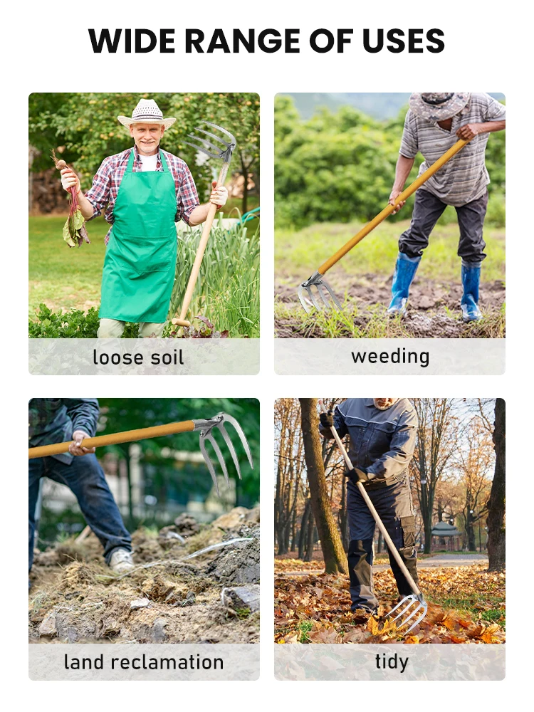 Rastrillo de acero de cuatro dientes para plantar verduras, herramientas de jardín para quitar malas hierbas, aflojamiento de suelo engrosado,