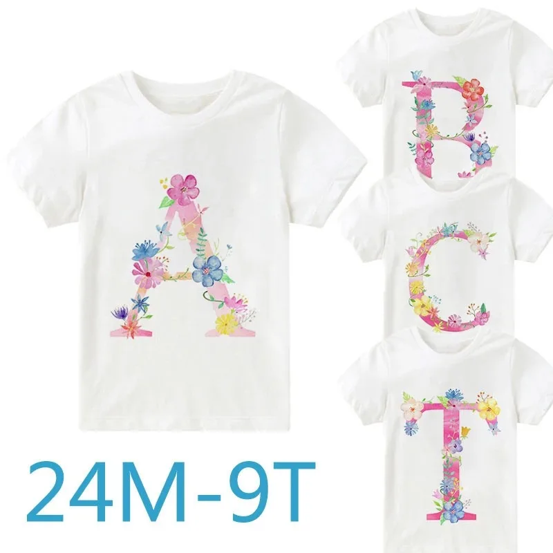 Girls Plant Letter Name T-shirt Kawaii Streetwear Unisex O Collar Summer Novelty Kids Clothes