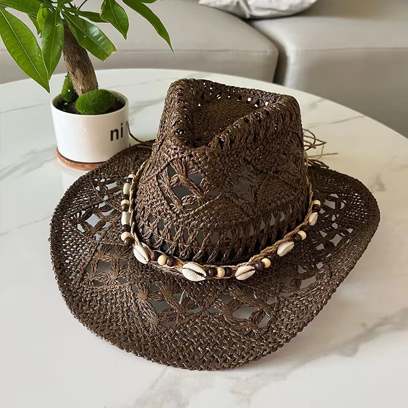 Vintage Sommer Strand Bohemian Strohhut mit Muscheln für Damen und Herren, Western Cowboyhüte mit Holzperlen, Ausgehöhlter Sonnenhut, Urlaubsmütze – Detail 6