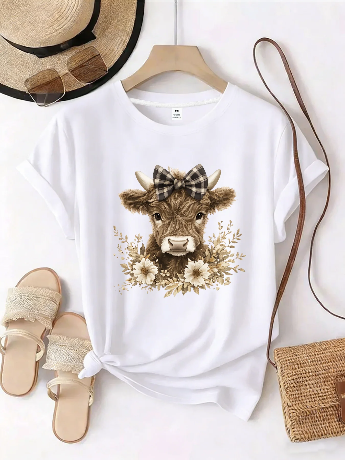 

【WZM101410】Small calf print plus size women's round neck summer casual short sleeved street fashion versatile T-shirt