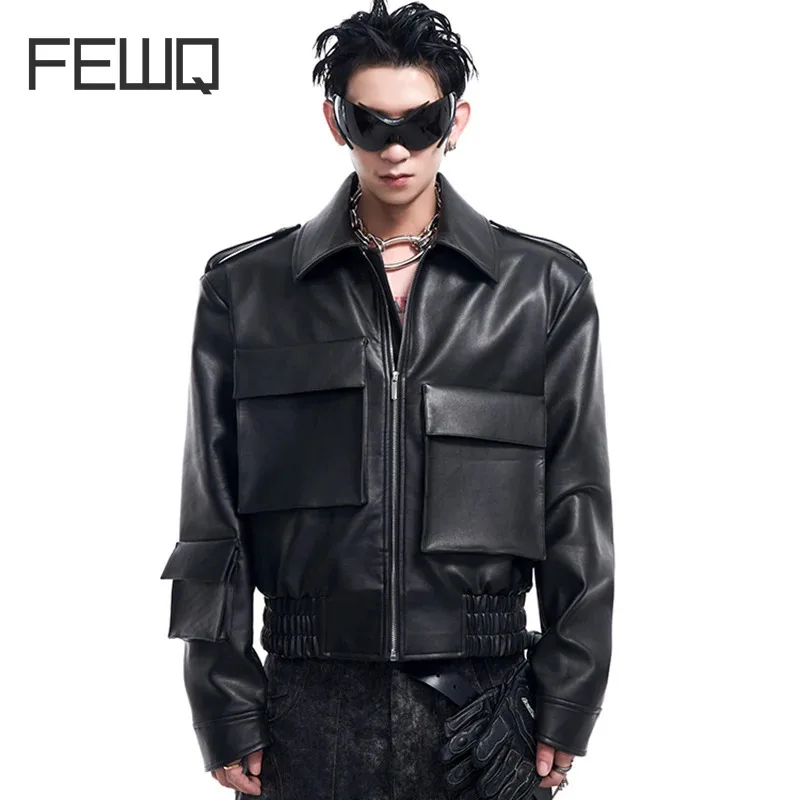 

FEWQ Short Large Pocket Men's PU Leather Jacket Autumn Winter Design Jacket Motorcycle 2024 Darkwear Solid Color Tops 24E2571