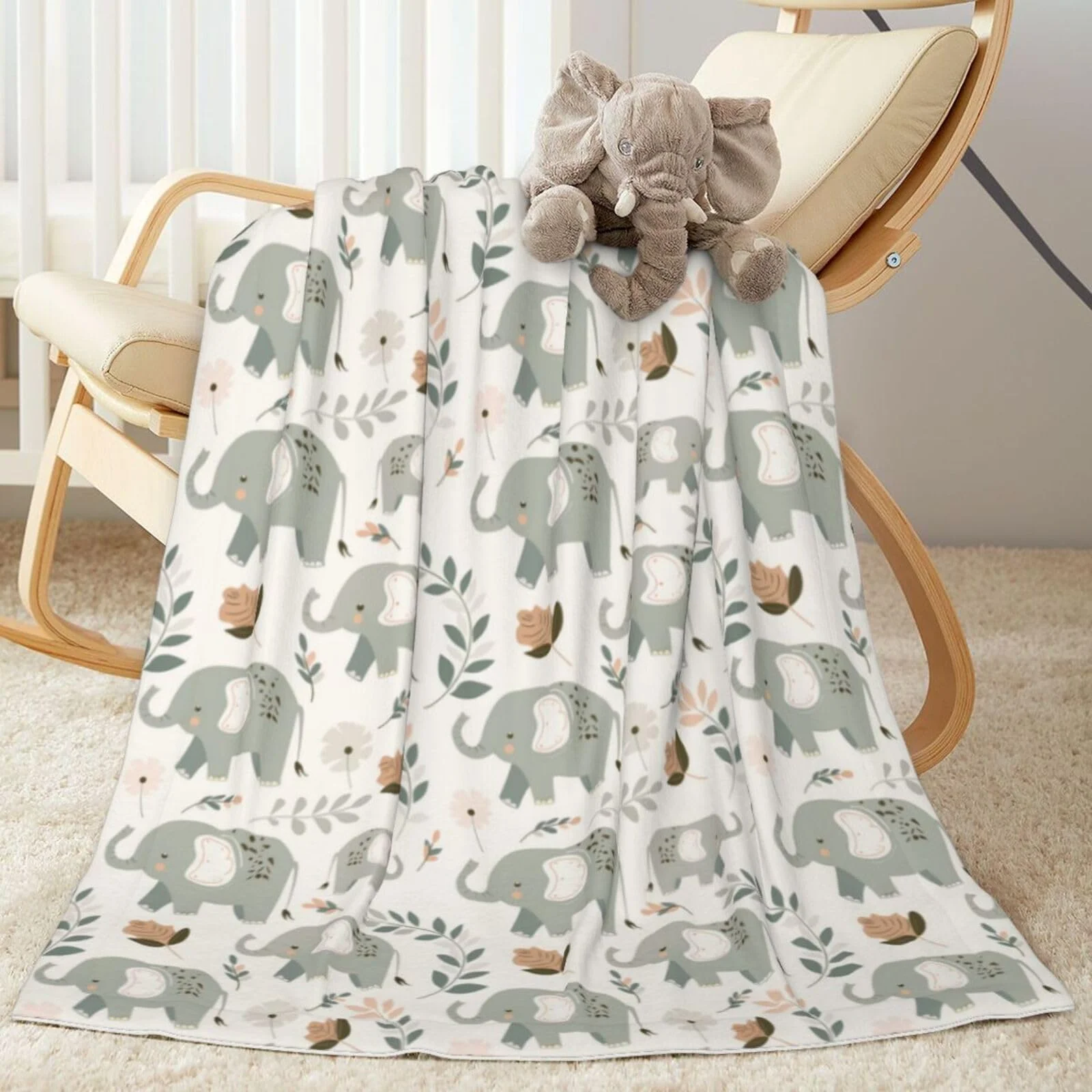 

VIKAMA Minimalist Baby Elephant Blanket Fresh Floral Soft Flannel Living Room & Bedroom Throw Outdoor Travel Blanket Home Decor