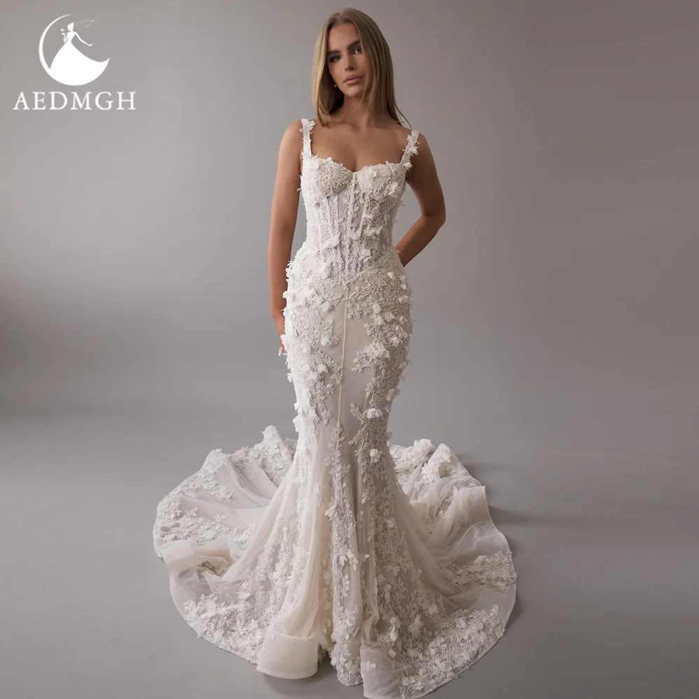Aedmgh sirena vestidos De Novia Vintage Sweetheart sin mangas Vestido De Novia encaje con cuentas flores Sexy Vestido De Novia hecho a medida