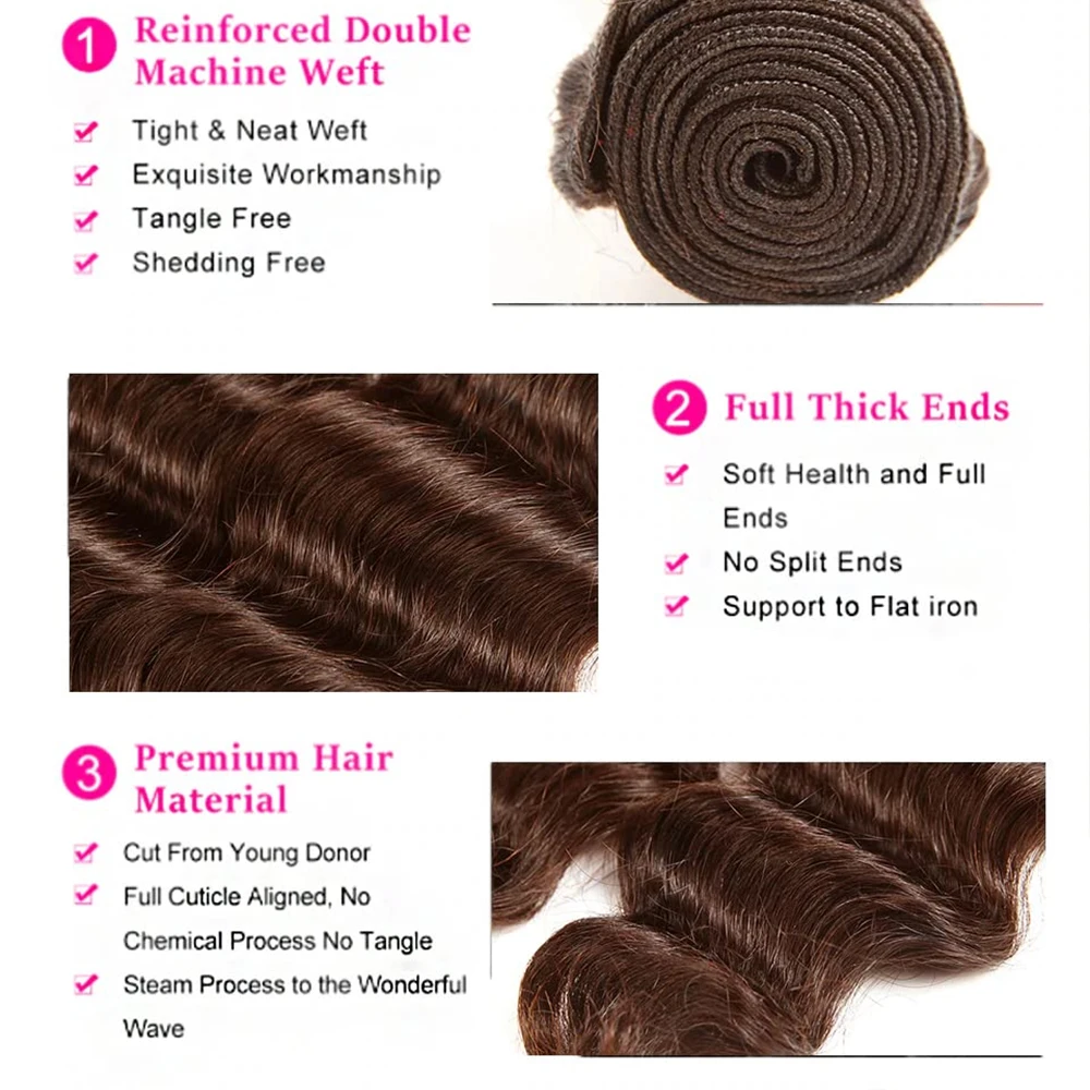 24 26 28 بوصة حزم بني شوكولاتة اللون # 4 حزم شعر بشري مموج عميق فضفاض، حزم شعر بيرو بني داكن مموج مائي
