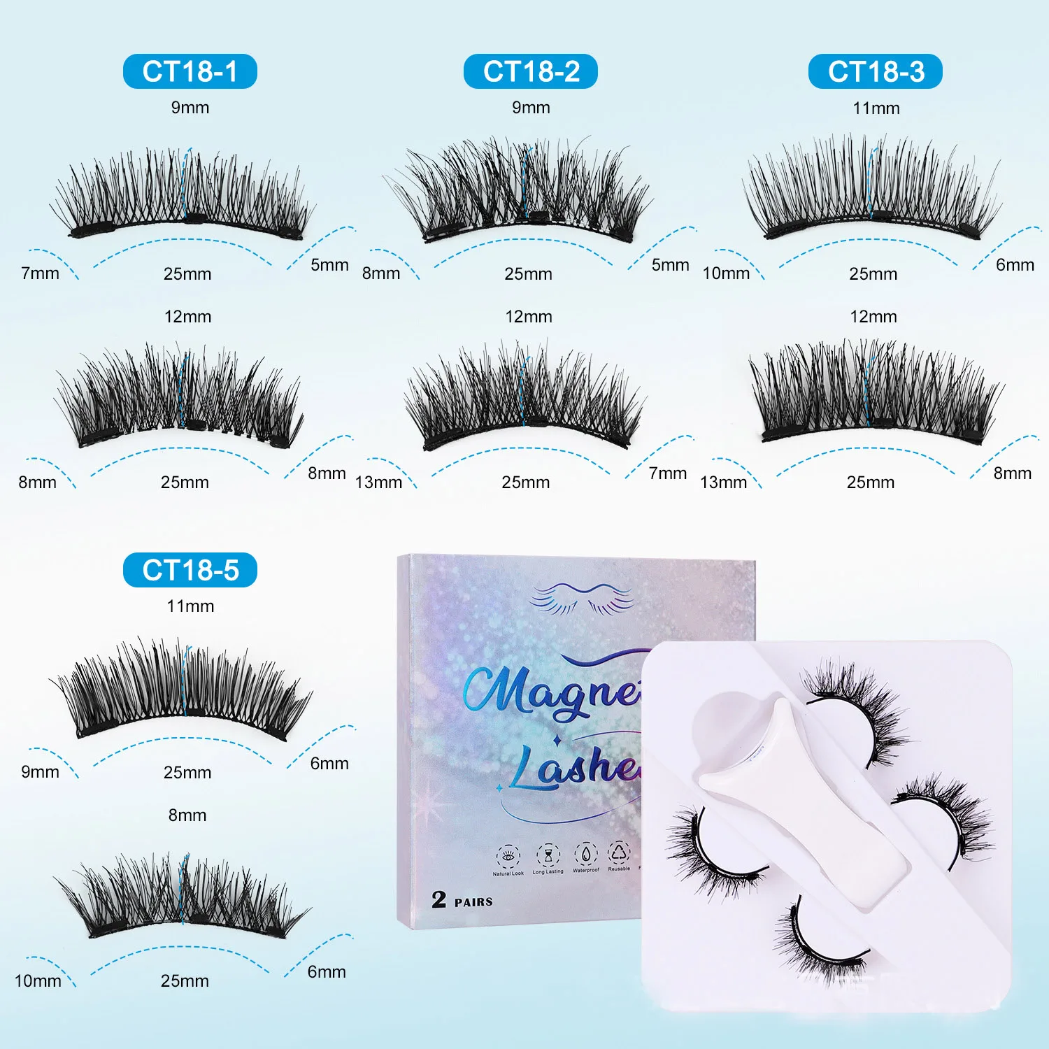 `Magnetic Eyelashes Set, New Style 2 Pairs Fluffy Natural Long Thin‑Band Hand‑Tied Magnetic False Eyelashes`