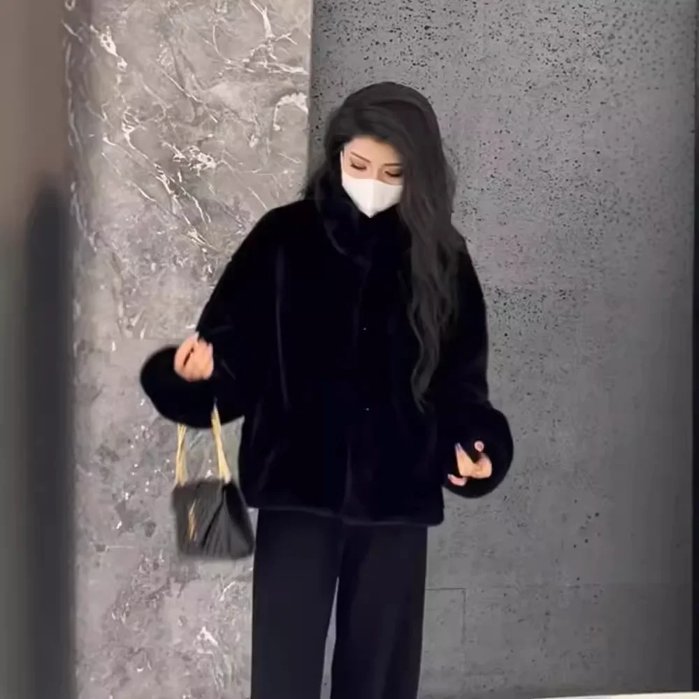 Faux Fur Women Coats Thick Warm Coat Stand Collar Casual Jackets Single Breasted Elegant Warm Short Outerwear Autumn Winter