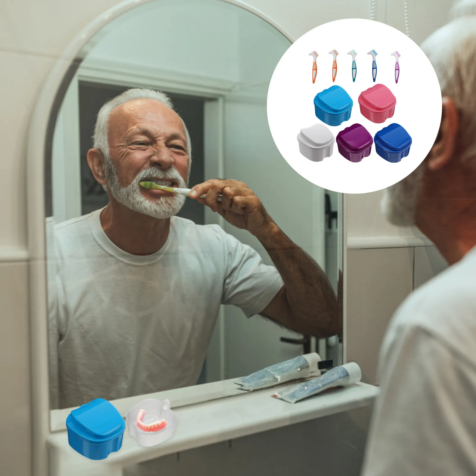 

10Pcs Denture Care Container Kit Portable Smooth Finish Box and Brush for Denture Storage Retainer Case Travel Use