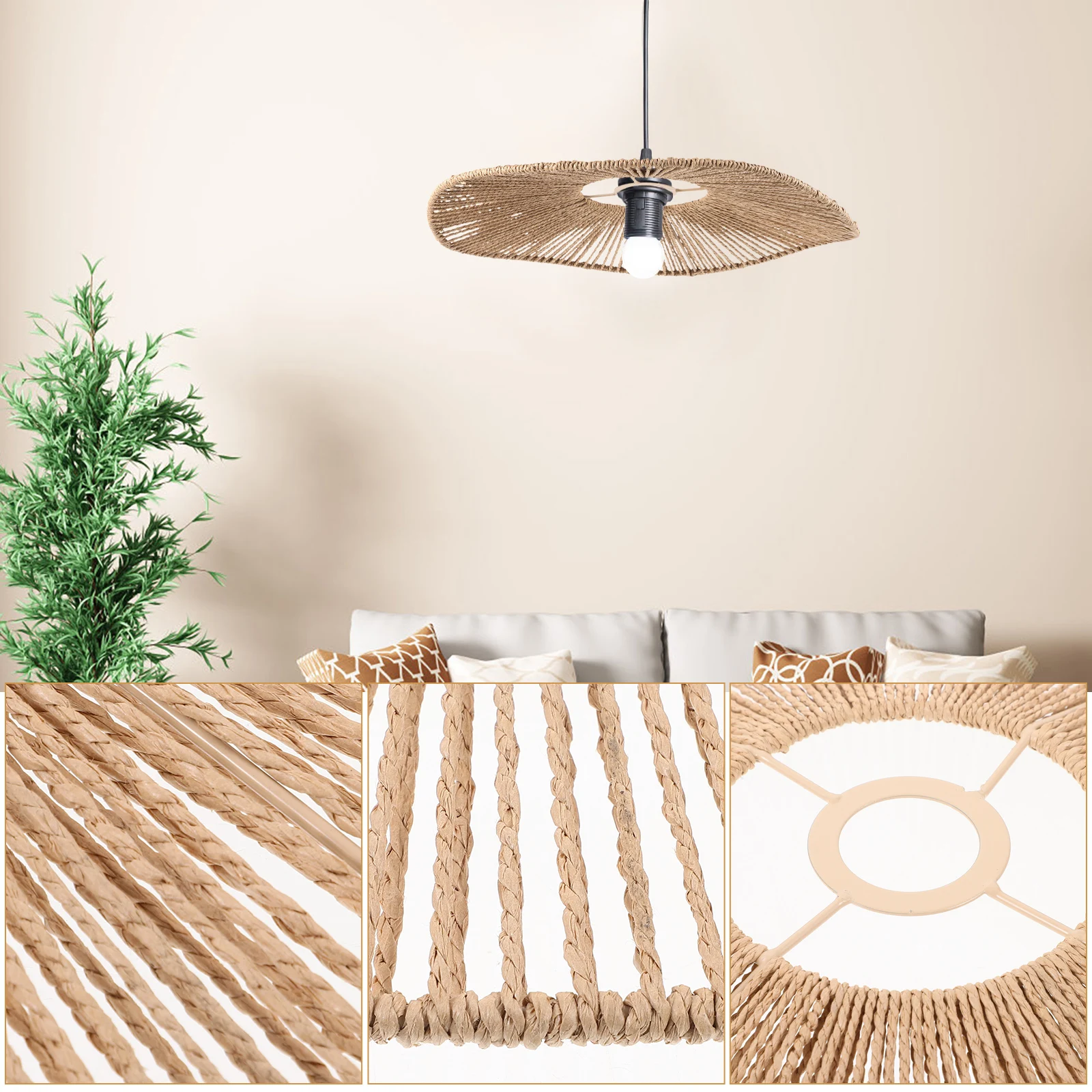 

Lampshade Decorative Ceiling Light Cover Woven Paper Rope Rattan Style Farmhouse Bedroom Restaurant Hotel Hanging