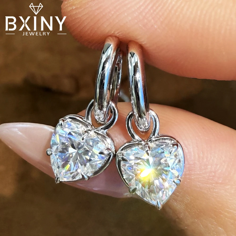 BXINY 6.5mm Heart Cut Moissanite Drop Earrings S925 Silver 18K Plated Diamonds Dangle Ear Buckle for Women Wedding Gifts Jewelry