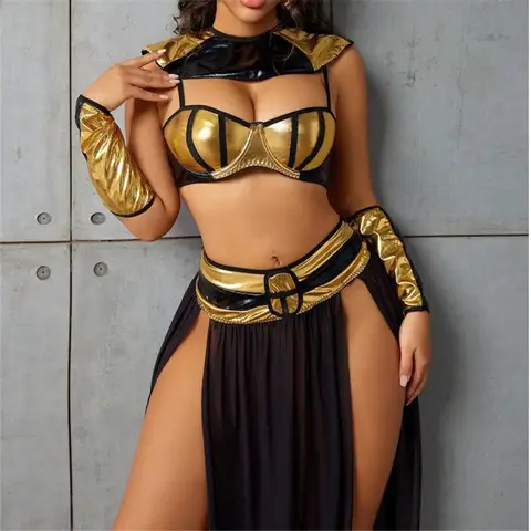 Halloween Cleopatra Egyptian Goddess Cosplay Costume Women Metallic 4Pcs Outfit Mesh High Slit Skirt Fancy Dress Party Costume