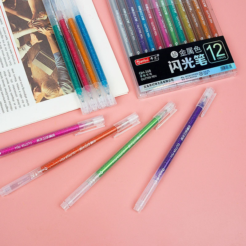 12 Colors Glitter Gel Pens 1.0MM Color Gel Pen For School Office Coloring Book Journals Drawing Doodling Art Marker Pen