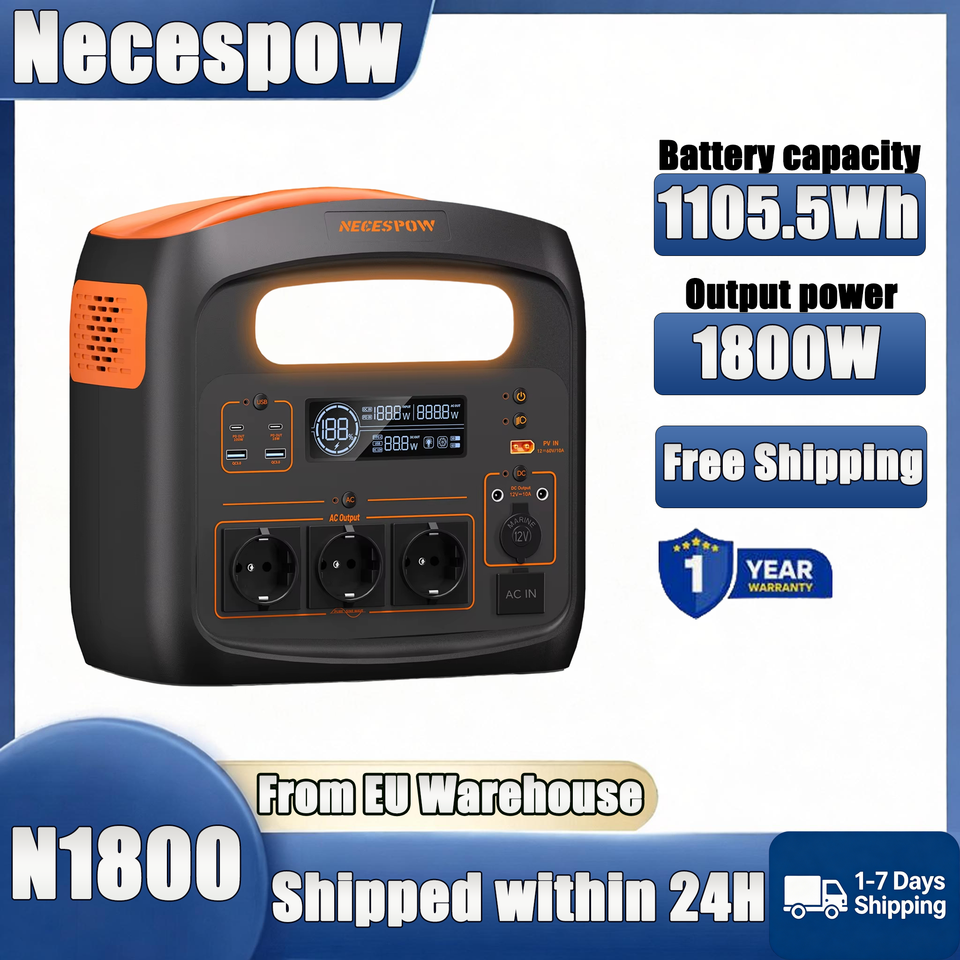 Necespow (N1800)N1200 1800W Portable Power Station 1102.5WH LiFePO4 Battery, USB-C PD100W, Built-in LED Light, 10 Outputs Outdoor Camping