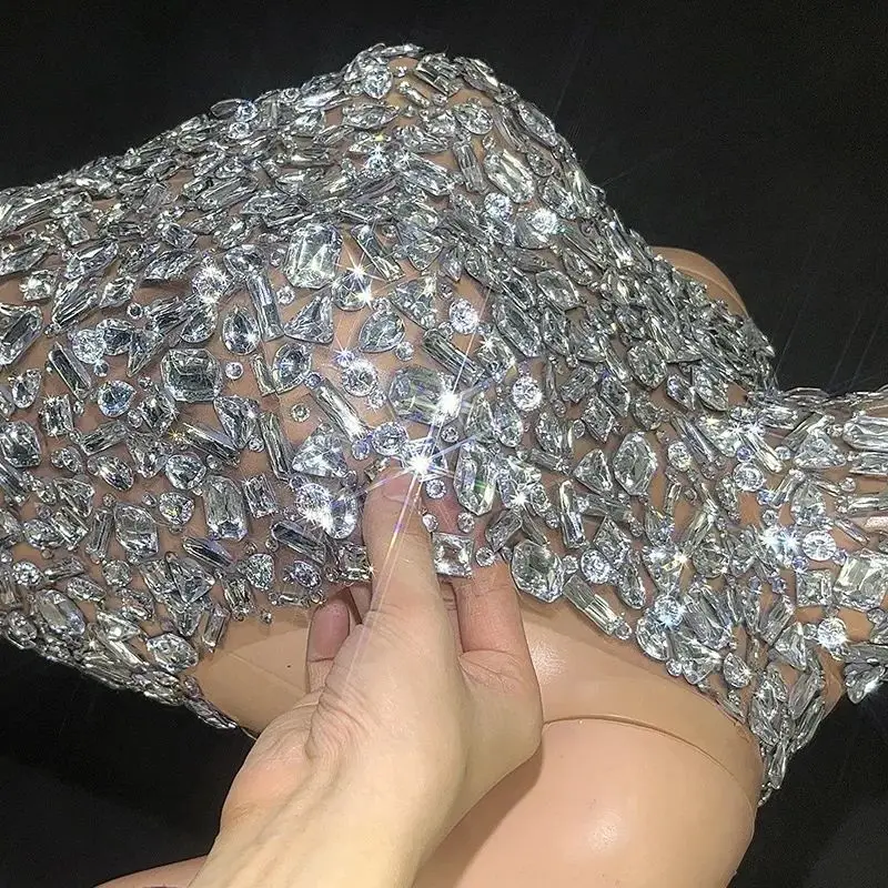 

Shiny rhinestone silver sexy backless tight mini dress evening performance costume nightclub singer stage costume birthday party