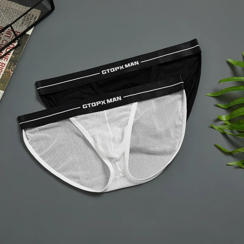 Underwear Men Sexy Low Waist Transparent Briefs Striped Ice Silk Mesh U Convex Thin Breathable Underpanties Ropa Interior Hombre