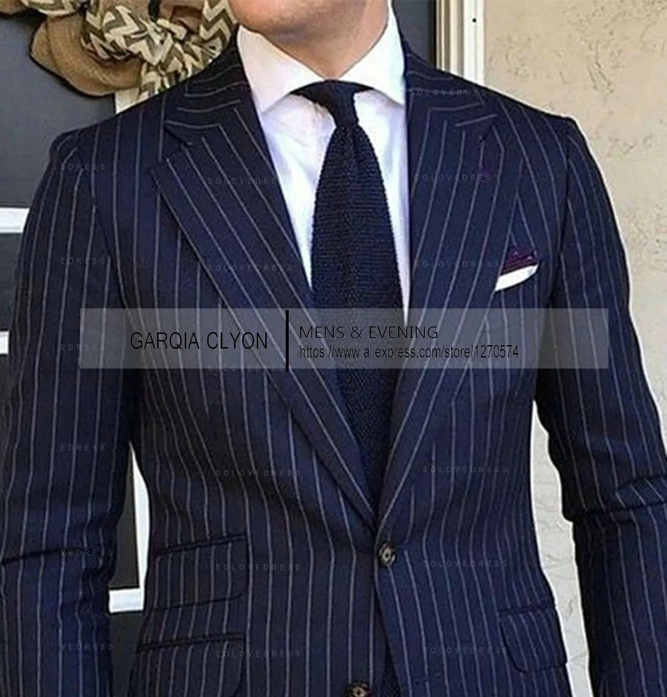 Pinstripe Men's Suit Tuxedo Notched Lapel Navy Blue Slim Fit for Formal Wedding Striped Male Two Pieces Fashion Business Groom