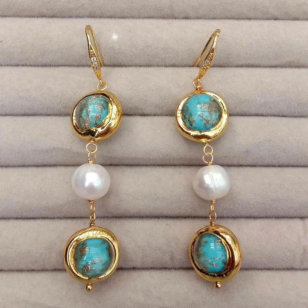 Y·YING Cultured White Pearl Blue Murano Glass Dangle Hook Earrings Handmade For Women Party