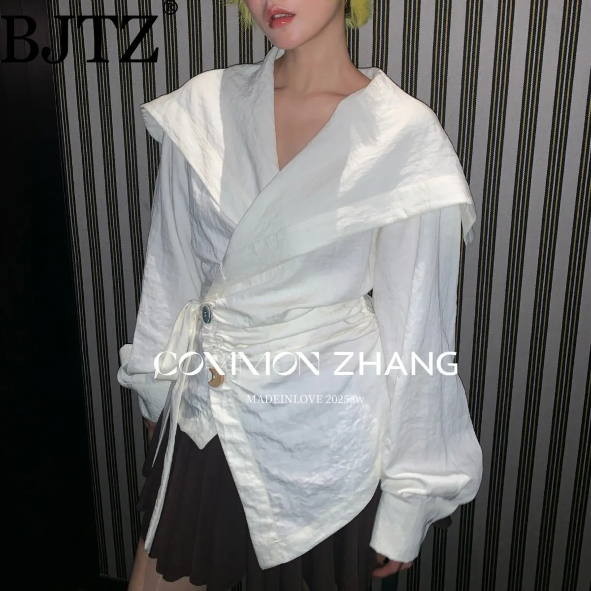 

BJTZ Niche Navy Collar Cross Diagonal Buckle Strap Waist Cinching Texture Versatile Small Shirt For Women 2025 Spring Summer New